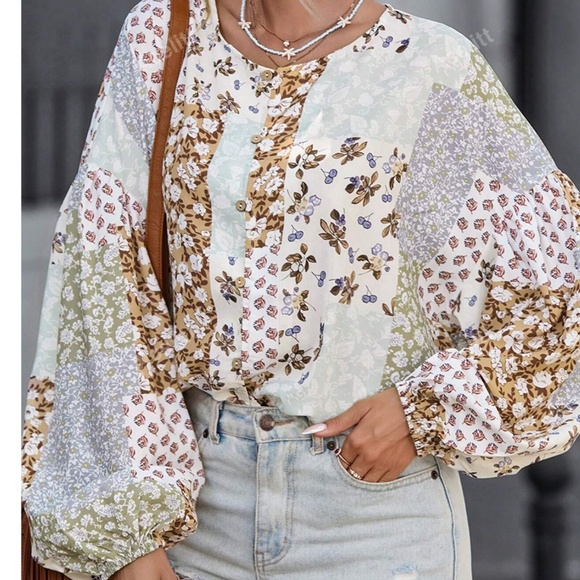 Boho Floral Print Button Down oversized Blouse - Picture 6 of 7